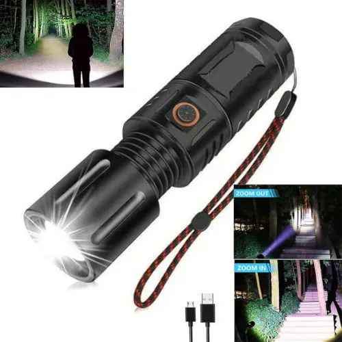 Rechargeable zoom led flashlight usb torch light with Power Bank and metal body